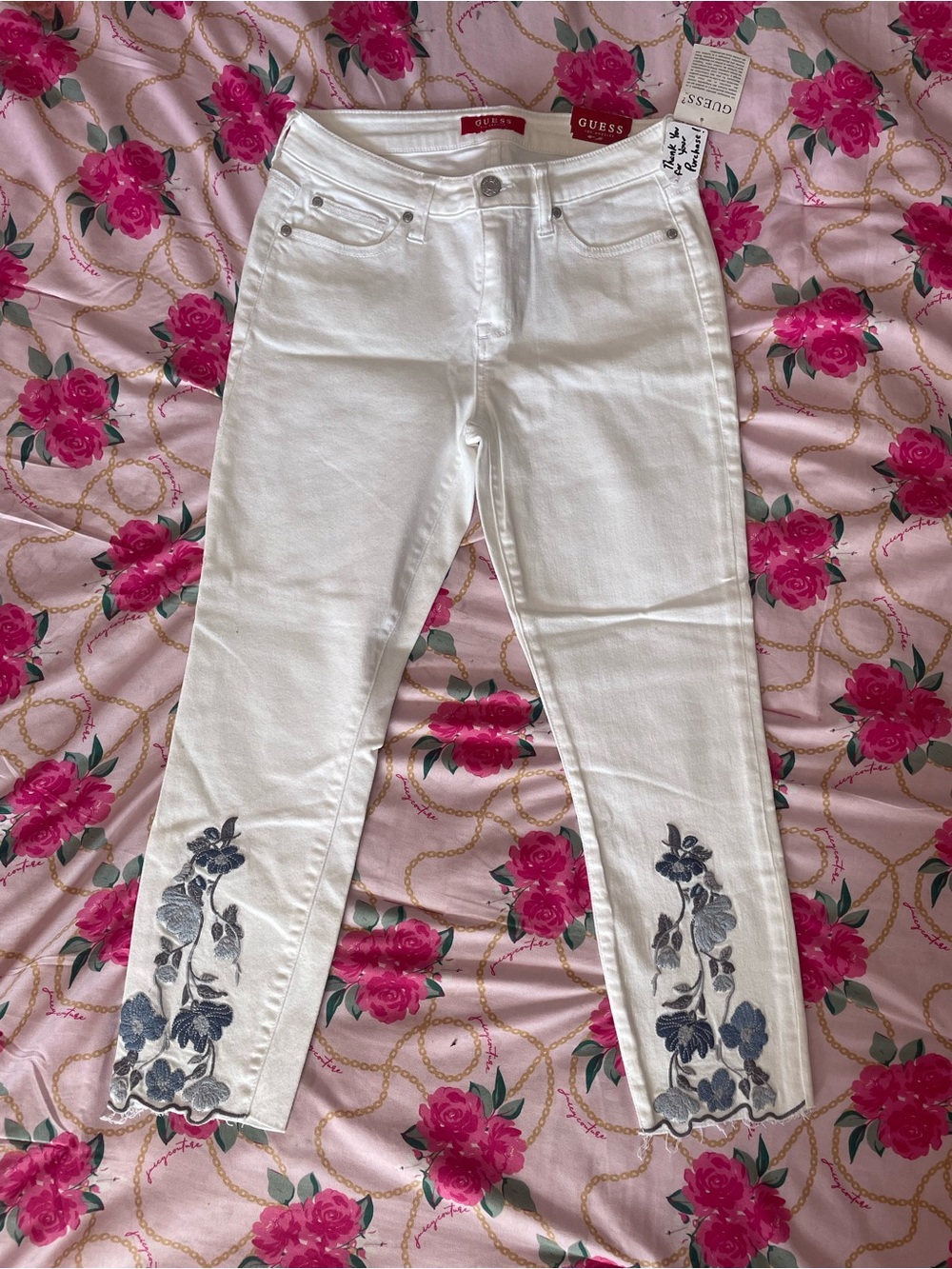 GUESS White Ankle Jeans with Navy Floral Embroidery